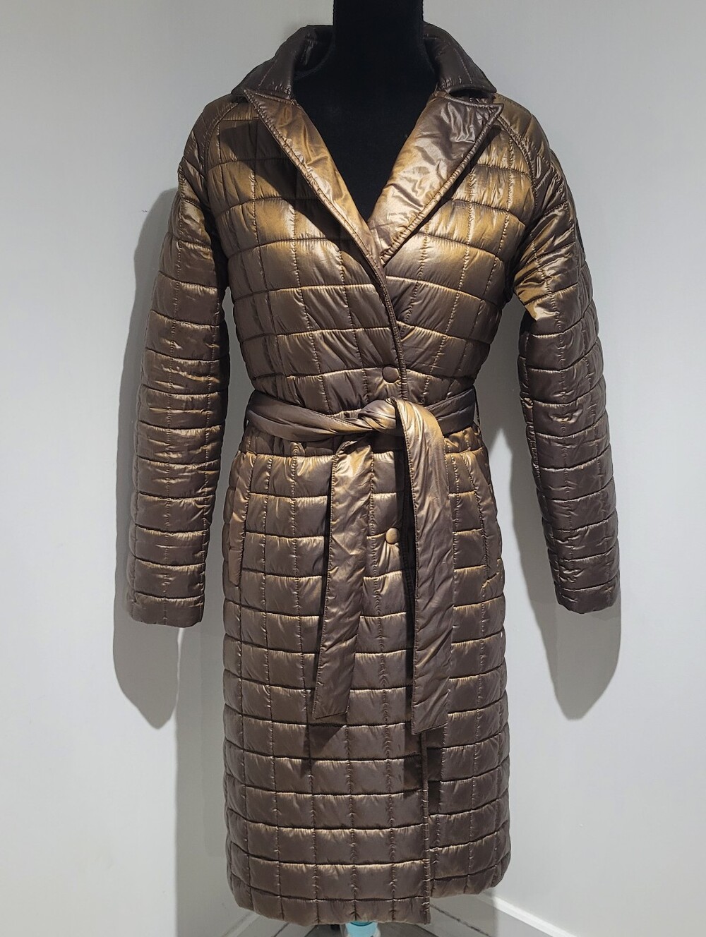 Noize Women's Alaia Long Length Belted Quilted Puffer Coat Small Bronze